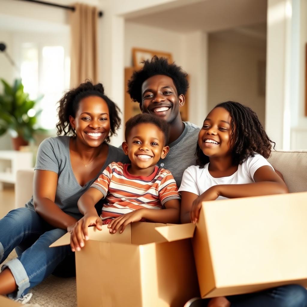 A family relaxing together in their new home on move-in day