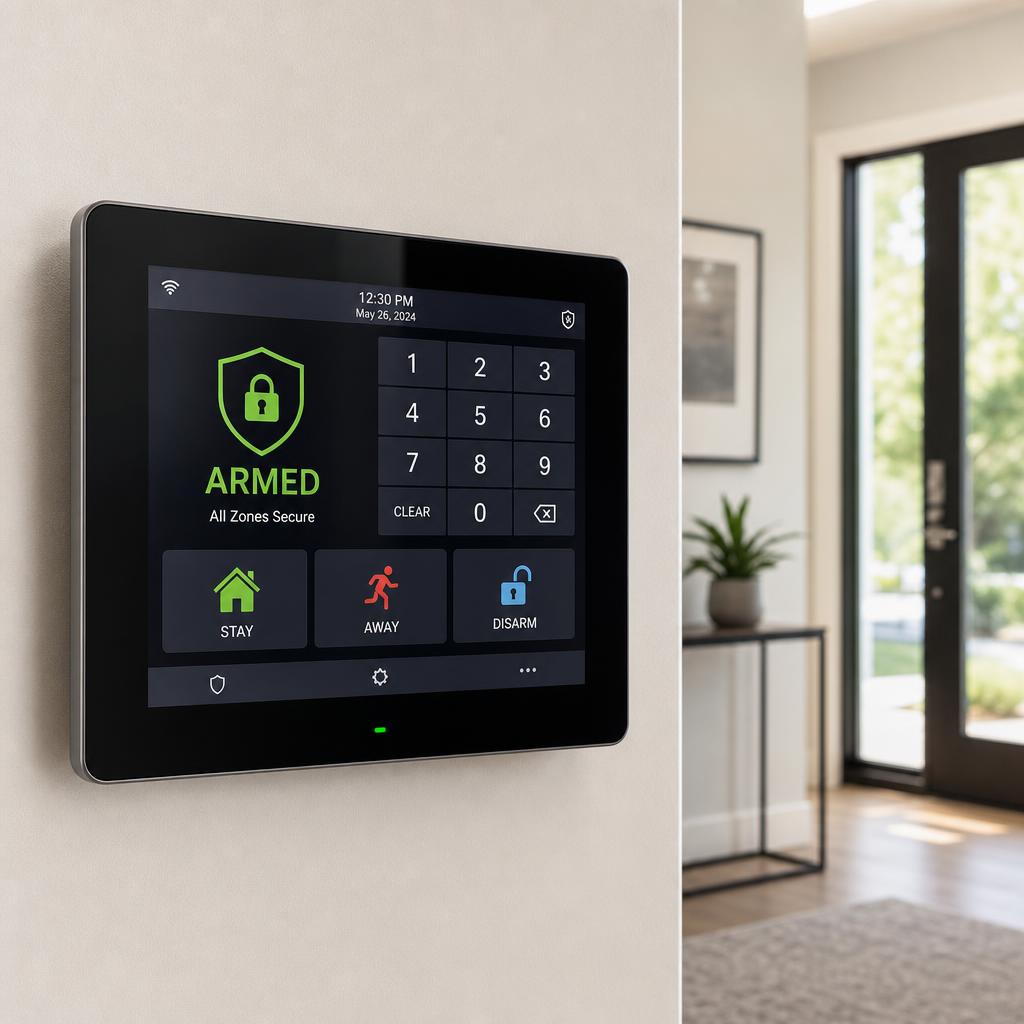 A modern smart home touchscreen panel in a residential home